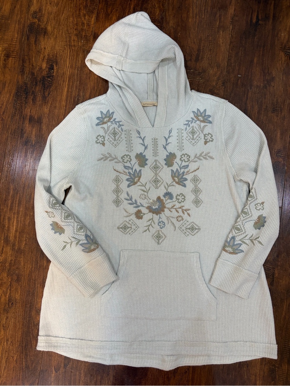 Soft Surroundings Cream Hooded Crewneck Sweater with Floral Embroidery